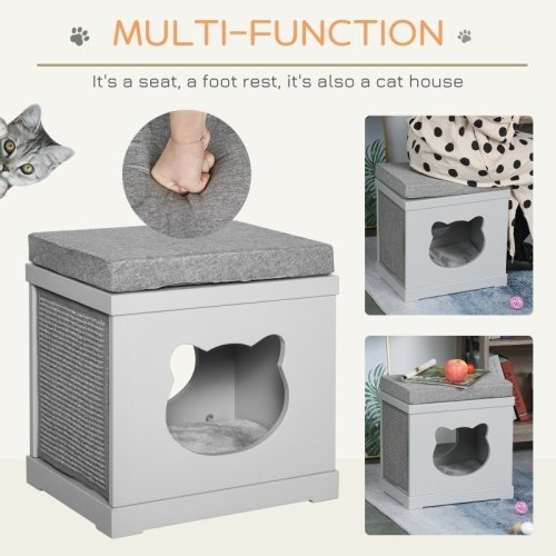 PawHut Cat House Bed Kitten Cave Cube Indoor For Small Pet With Removable Sisal Scratching Pads Soft Cushions, 41x30x36 Cm, Grey