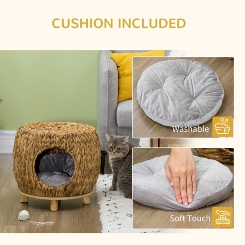 4863fe23-d0a4-4fd1-83d6-9ab8a20ccd82.jpg PawHut Wicker Cat Bed Cat House Stool With Washable Cushion, 44 X 43 X 41cm