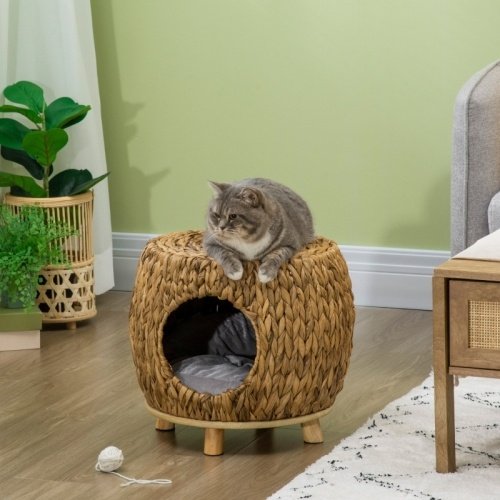 a5e8515f-eb1c-492d-ada5-33604baafb68.jpg PawHut Wicker Cat Bed Cat House Stool With Washable Cushion, 44 X 43 X 41cm