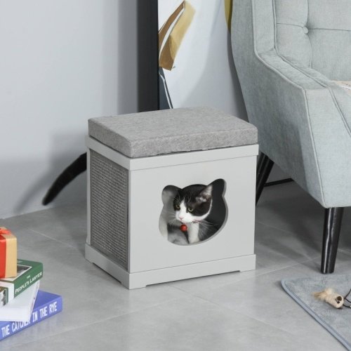 PawHut Cat House Bed Kitten Cave Cube Indoor For Small Pet With Removable Sisal Scratching Pads Soft Cushions, 41x30x36 Cm, Grey