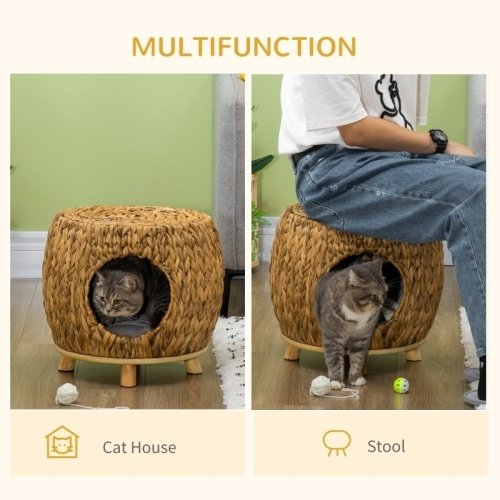 e4f63be1-064f-4157-9188-0466f6583322.jpg PawHut Wicker Cat Bed Cat House Stool With Washable Cushion, 44 X 43 X 41cm